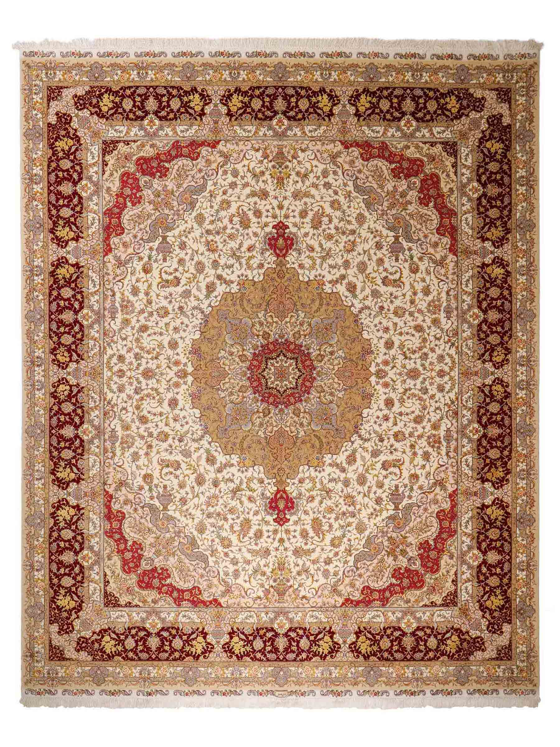 Sehr feiner, handgeknüpfter Khademi Orientteppich mit Täbriz Design aus Wolle mit Seide, creme, rot. 309x252 cm. Vertrieb durch Jupiter Intl.