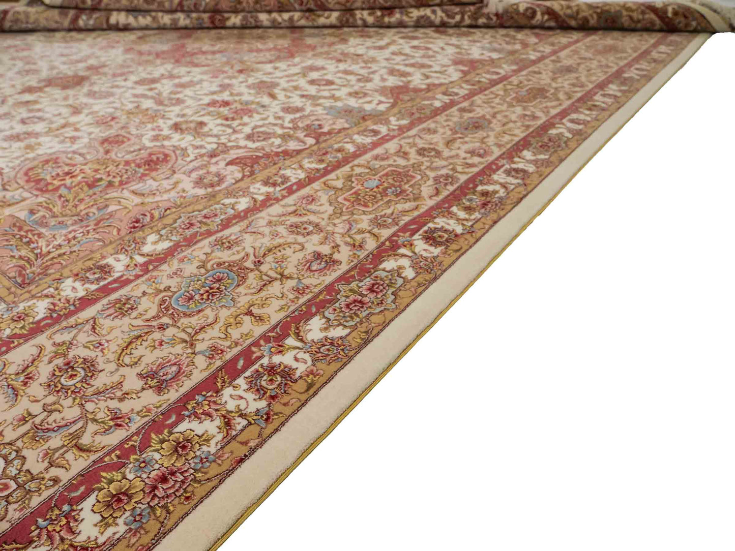Sehr feiner, handgeknüpfter Khademi Orientteppich mit Täbriz Design aus Wolle mit Seide, creme, rosa. 312x252 cm. Vertrieb durch Jupiter