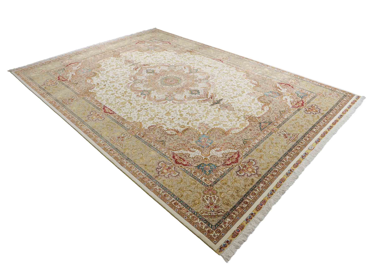 Sehr feiner, hangeknüpfter Khademi Orientteppich mit Täbriz Design aus Wolle mit Seide, creme, beige, gold. 358x258 cm. 358x258 cm. Vertrieb durch Jupiter Intl.