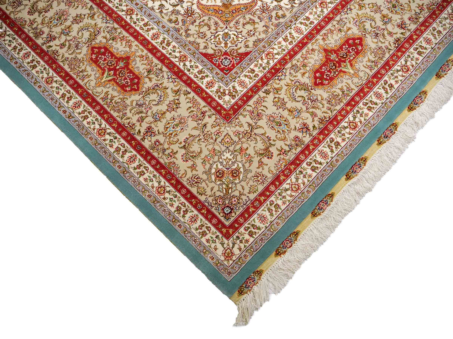 Sehr feiner, handgeknüpfter Khademi Orientteppich mit Täbriz Design aus Wolle mit Seide, blau. 359x275 cm. Vertrieb durch Jupiter Intl.
