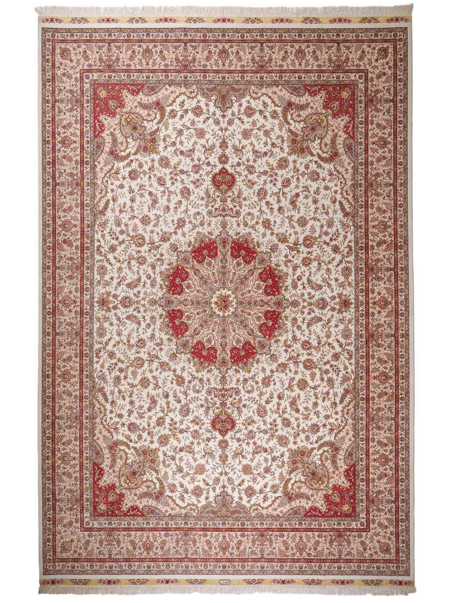 Sehr feiner, handgeknüpfter Khademi Orientteppich mit Täbriz Design aus Wolle mit Seide, creme. 360x258 cm. Vertrieb durch Jupiter Intl.