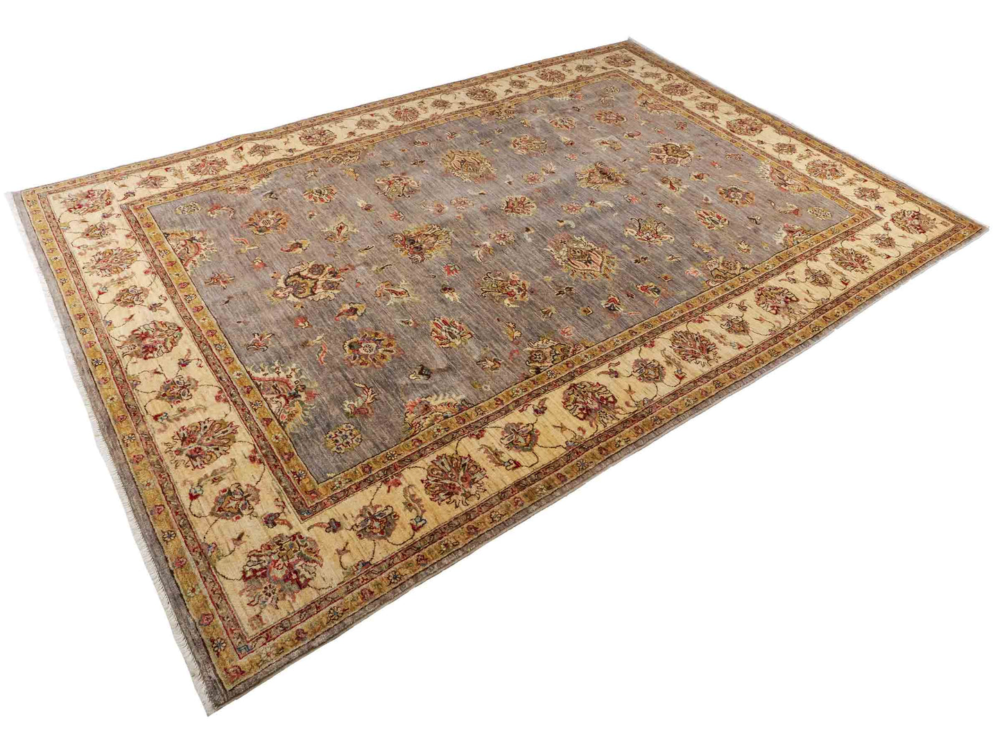 Feiner, handgeknüpfter Ziegler Farahan Chobi Orientteppich aus reiner Wolle mit Allover-Muster von Khademi. Größe: 296 x 206 cm. Farbe: Grau, gold. RB3-1038. Ursprung: Afghanistan. Verkauf durch JUPITER Intl.