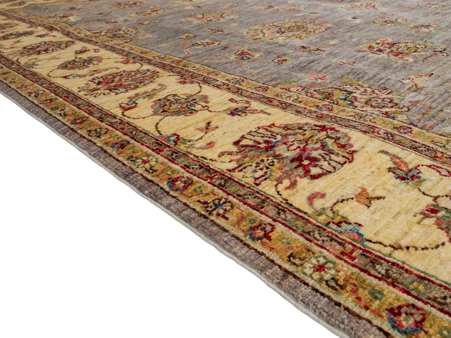 Feiner, handgeknüpfter Ziegler Farahan Chobi Orientteppich aus reiner Wolle mit Allover-Muster von Khademi. Größe: 296 x 206 cm. Farbe: Grau, gold. RB3-1038. Ursprung: Afghanistan. Verkauf durch JUPITER Intl.