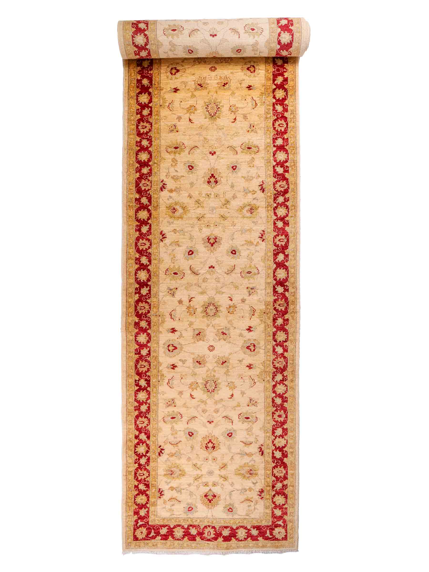 Handgeknüpfter, afghanischer Ziegler Farahan Orientteppich aus Wolle von Khademi. Größe: 588 x 104 cm, Läufer. Farbe: Beige, rot, gold. Verkauf durch JUPITER Intl.