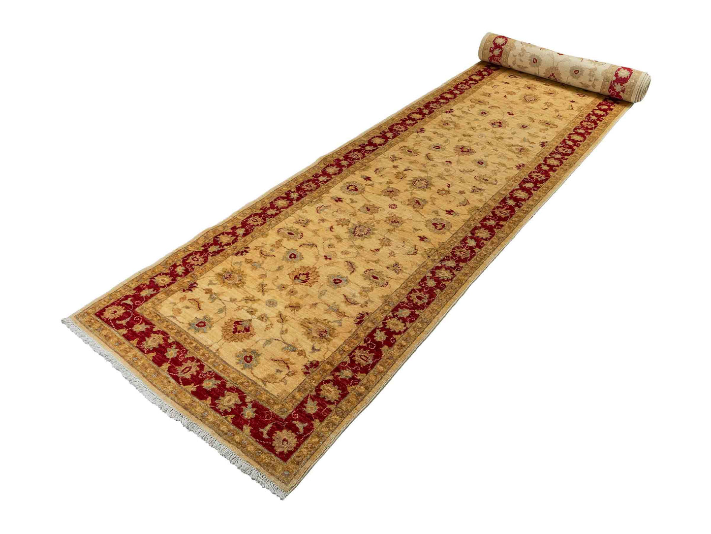 Handgeknüpfter, afghanischer Ziegler Farahan Orientteppich aus Wolle von Khademi. Größe: 588 x 104 cm, Läufer. Farbe: Beige, rot, gold. Verkauf durch JUPITER Intl.