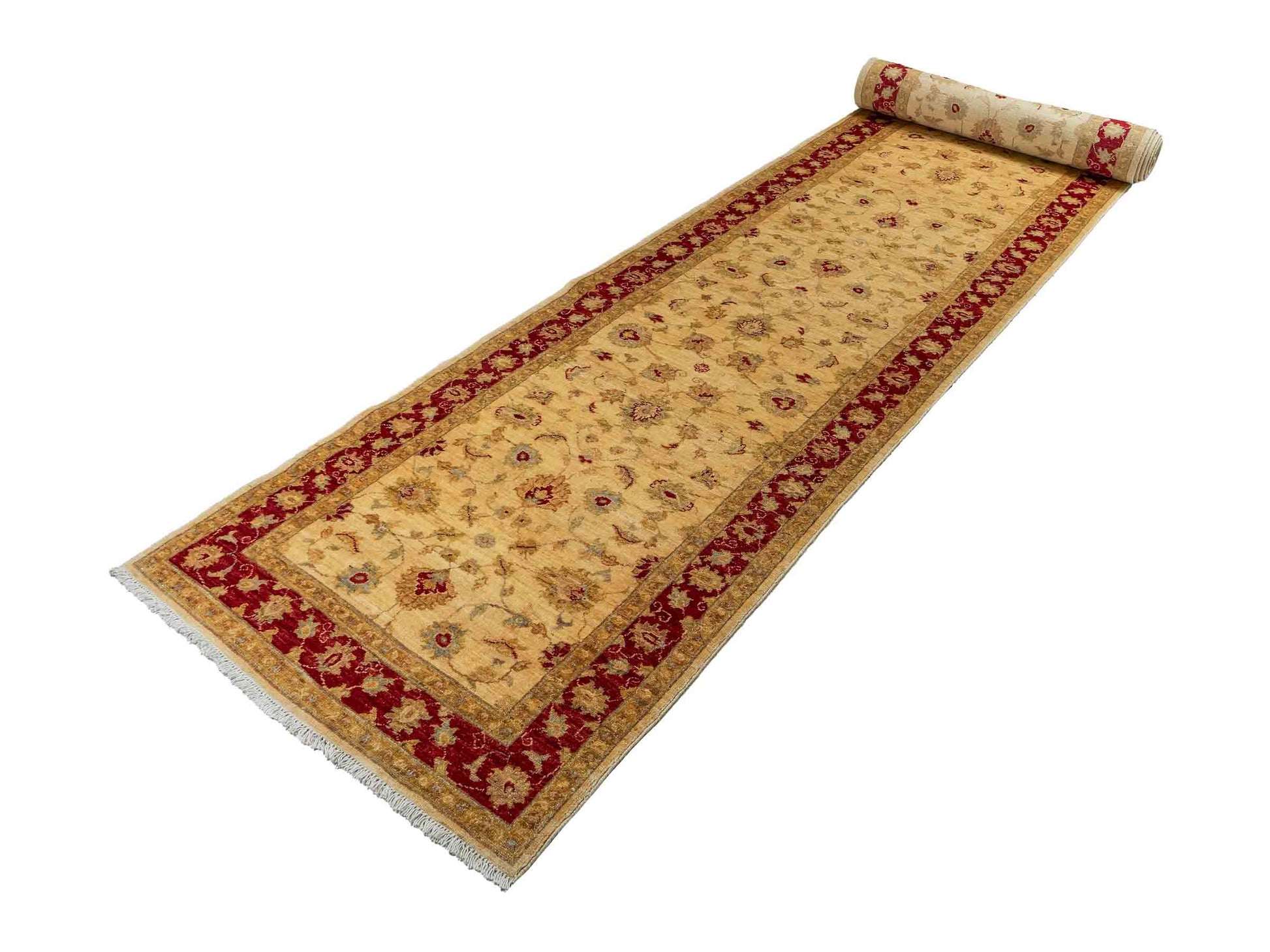 Handgeknüpfter, afghanischer Ziegler Farahan Orientteppich aus Wolle von Khademi. Größe: 588 x 104 cm, Läufer. Farbe: Beige, rot, gold. Verkauf durch JUPITER Intl.
