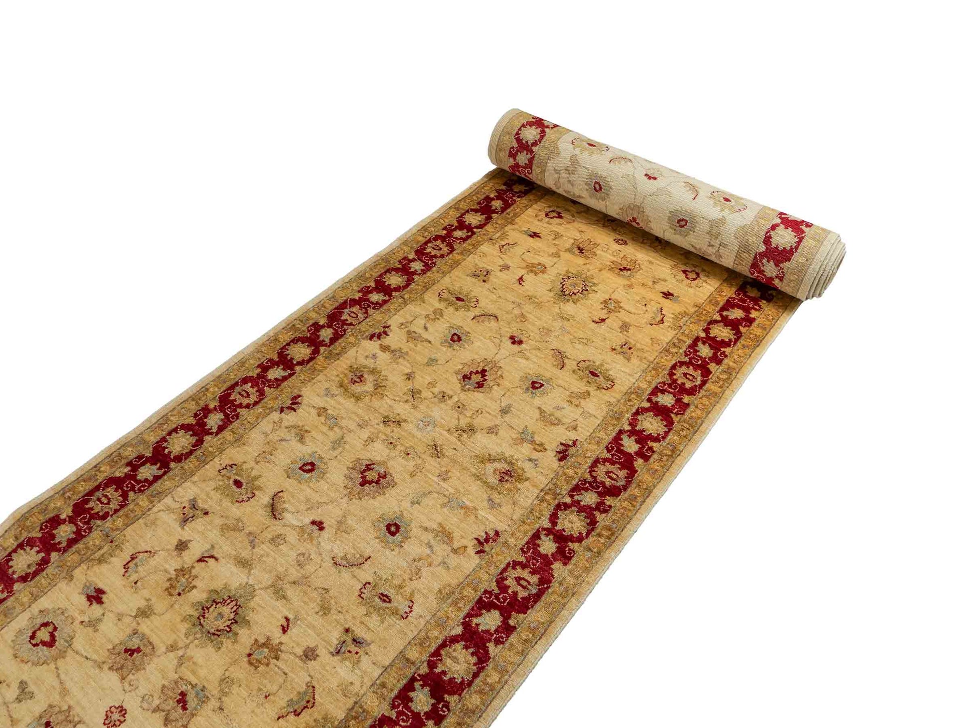 Handgeknüpfter, afghanischer Ziegler Farahan Orientteppich aus Wolle von Khademi. Größe: 588 x 104 cm, Läufer. Farbe: Beige, rot, gold. Verkauf durch JUPITER Intl.