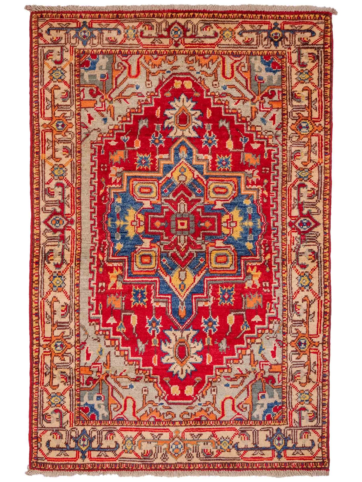 Feiner, handgeknüpfter Ziegler Kazak Chobi Orientteppich aus reiner Wolle mit geometrischem Medaillon-Muster von Khademi. Größe: 129 x 80 cm. Farbe: Rot. RB3-B2705. Ursprung: Afghanistan. Verkauf durch JUPITER Intl.