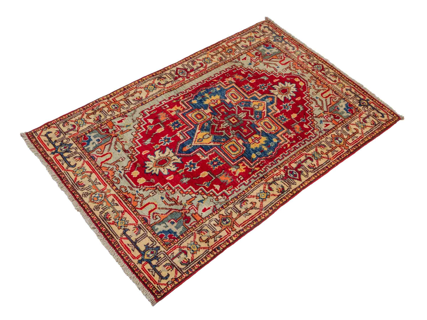 Feiner, handgeknüpfter Ziegler Kazak Chobi Orientteppich aus reiner Wolle mit geometrischem Medaillon-Muster von Khademi. Größe: 129 x 80 cm. Farbe: Rot. RB3-B2705. Ursprung: Afghanistan. Verkauf durch JUPITER Intl.