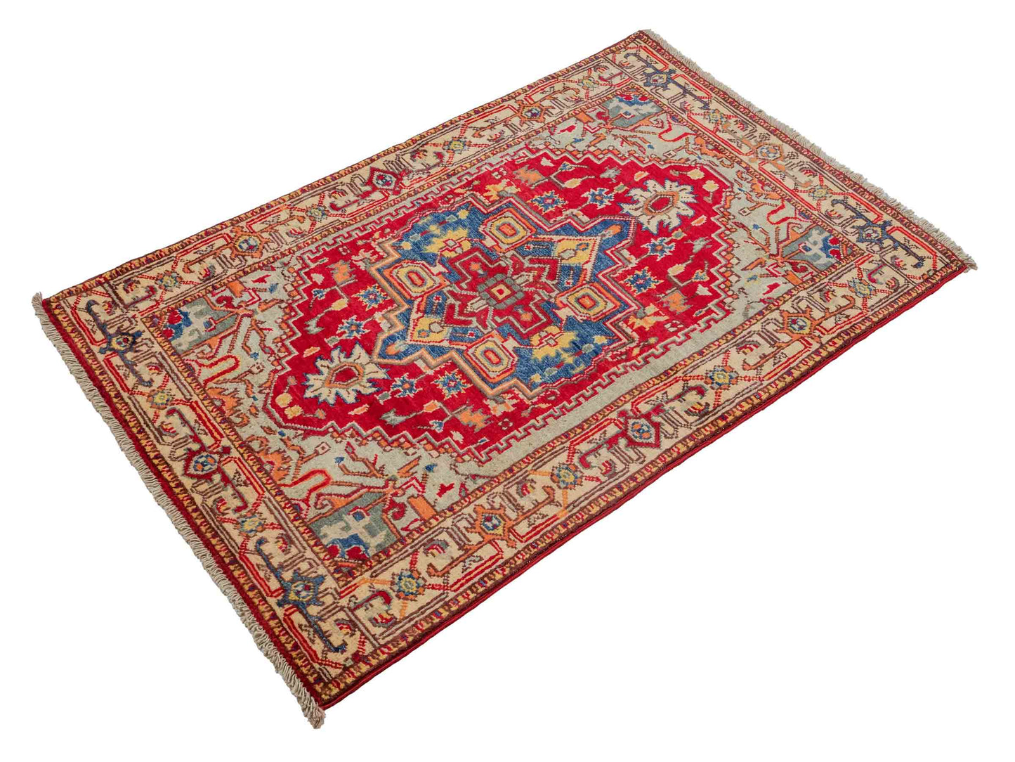 Feiner, handgeknüpfter Ziegler Kazak Chobi Orientteppich aus reiner Wolle mit geometrischem Medaillon-Muster von Khademi. Größe: 129 x 80 cm. Farbe: Rot. RB3-B2705. Ursprung: Afghanistan. Verkauf durch JUPITER Intl.