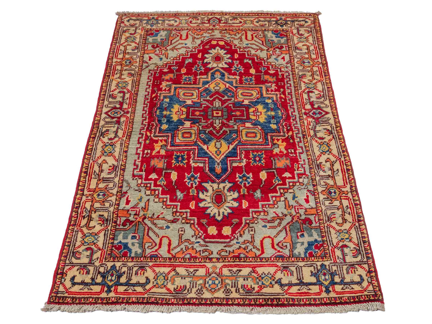 Feiner, handgeknüpfter Ziegler Kazak Chobi Orientteppich aus reiner Wolle mit geometrischem Medaillon-Muster von Khademi. Größe: 129 x 80 cm. Farbe: Rot. RB3-B2705. Ursprung: Afghanistan. Verkauf durch JUPITER Intl.