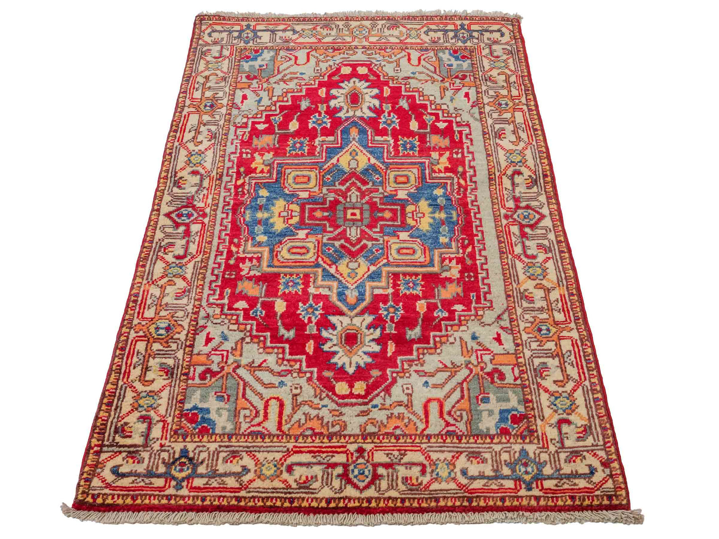 Feiner, handgeknüpfter Ziegler Kazak Chobi Orientteppich aus reiner Wolle mit geometrischem Medaillon-Muster von Khademi. Größe: 129 x 80 cm. Farbe: Rot. RB3-B2705. Ursprung: Afghanistan. Verkauf durch JUPITER Intl.