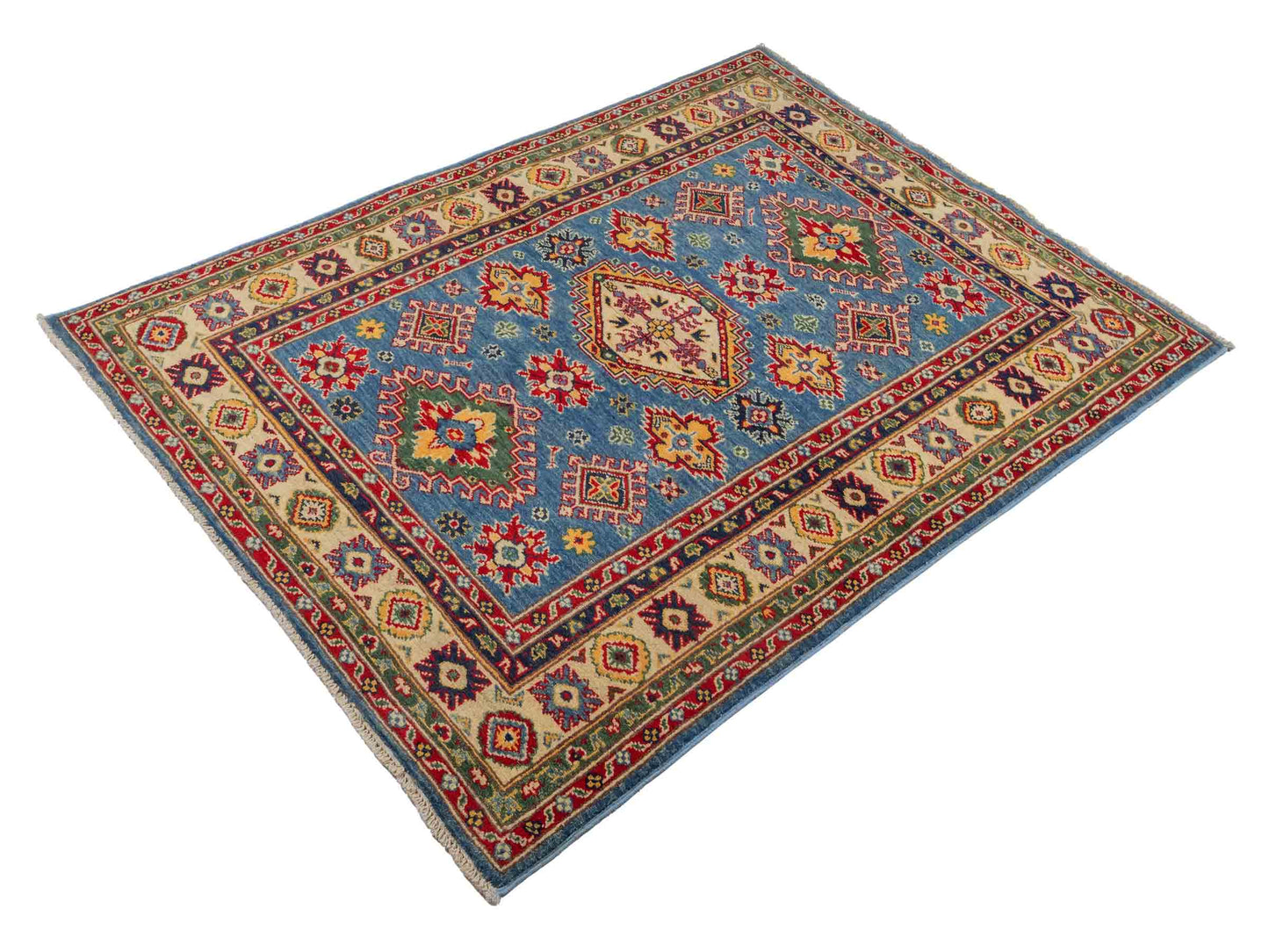 Feiner, handgeknüpfter Ziegler Kazak Chobi Orientteppich aus reiner Wolle mit geometrischem Medaillon-Muster von Khademi. Größe: 160 x 119 cm. Farbe: Blau, beige. RB3-B432. Ursprung: Afghanistan. Verkauf durch JUPITER Intl.