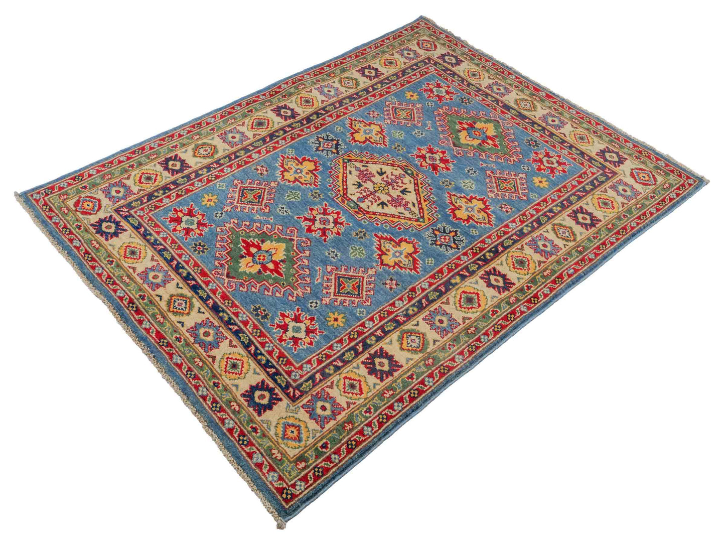 Feiner, handgeknüpfter Ziegler Kazak Chobi Orientteppich aus reiner Wolle mit geometrischem Medaillon-Muster von Khademi. Größe: 160 x 119 cm. Farbe: Blau, beige. RB3-B432. Ursprung: Afghanistan. Verkauf durch JUPITER Intl.