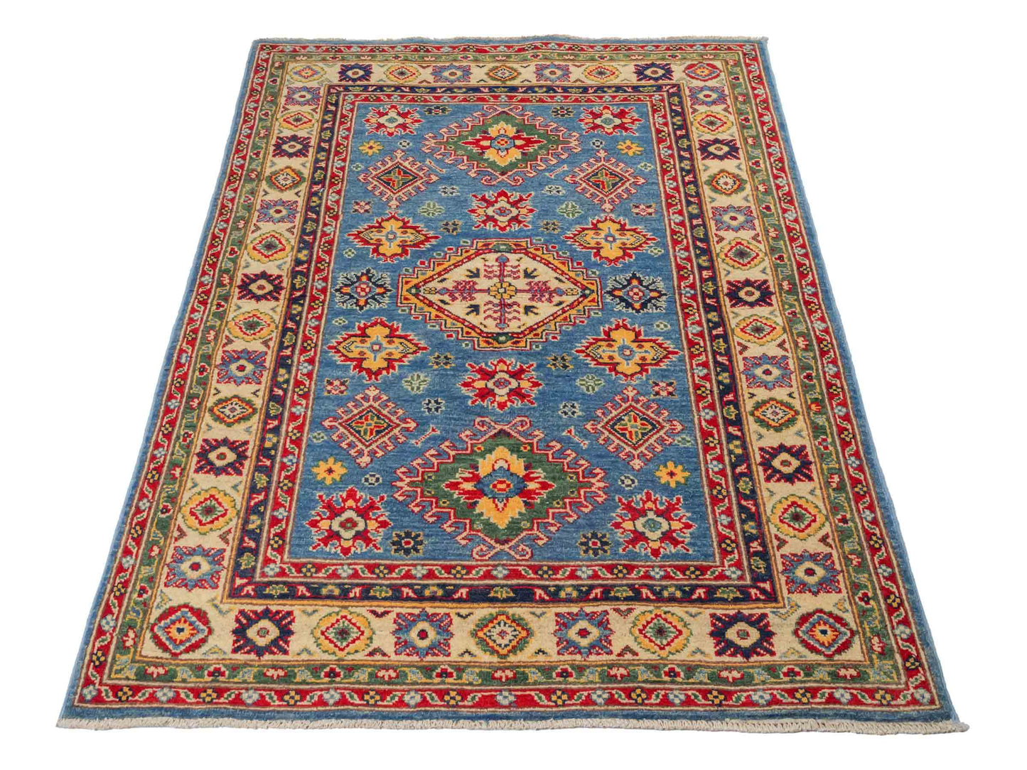 Feiner, handgeknüpfter Ziegler Kazak Chobi Orientteppich aus reiner Wolle mit geometrischem Medaillon-Muster von Khademi. Größe: 160 x 119 cm. Farbe: Blau, beige. RB3-B432. Ursprung: Afghanistan. Verkauf durch JUPITER Intl.