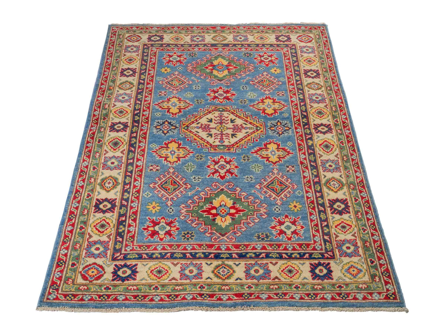 Feiner, handgeknüpfter Ziegler Kazak Chobi Orientteppich aus reiner Wolle mit geometrischem Medaillon-Muster von Khademi. Größe: 160 x 119 cm. Farbe: Blau, beige. RB3-B432. Ursprung: Afghanistan. Verkauf durch JUPITER Intl.