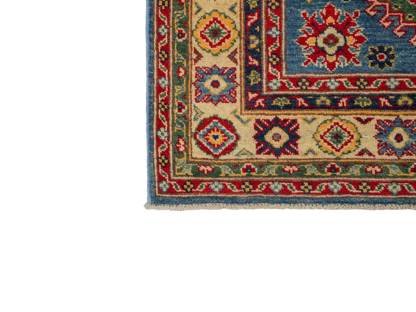 Feiner, handgeknüpfter Ziegler Kazak Chobi Orientteppich aus reiner Wolle mit geometrischem Medaillon-Muster von Khademi. Größe: 160 x 119 cm. Farbe: Blau, beige. RB3-B432. Ursprung: Afghanistan. Verkauf durch JUPITER Intl.