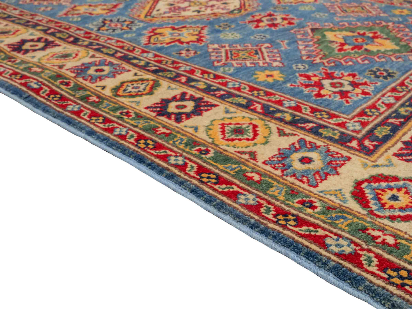 Feiner, handgeknüpfter Ziegler Kazak Chobi Orientteppich aus reiner Wolle mit geometrischem Medaillon-Muster von Khademi. Größe: 160 x 119 cm. Farbe: Blau, beige. RB3-B432. Ursprung: Afghanistan. Verkauf durch JUPITER Intl.