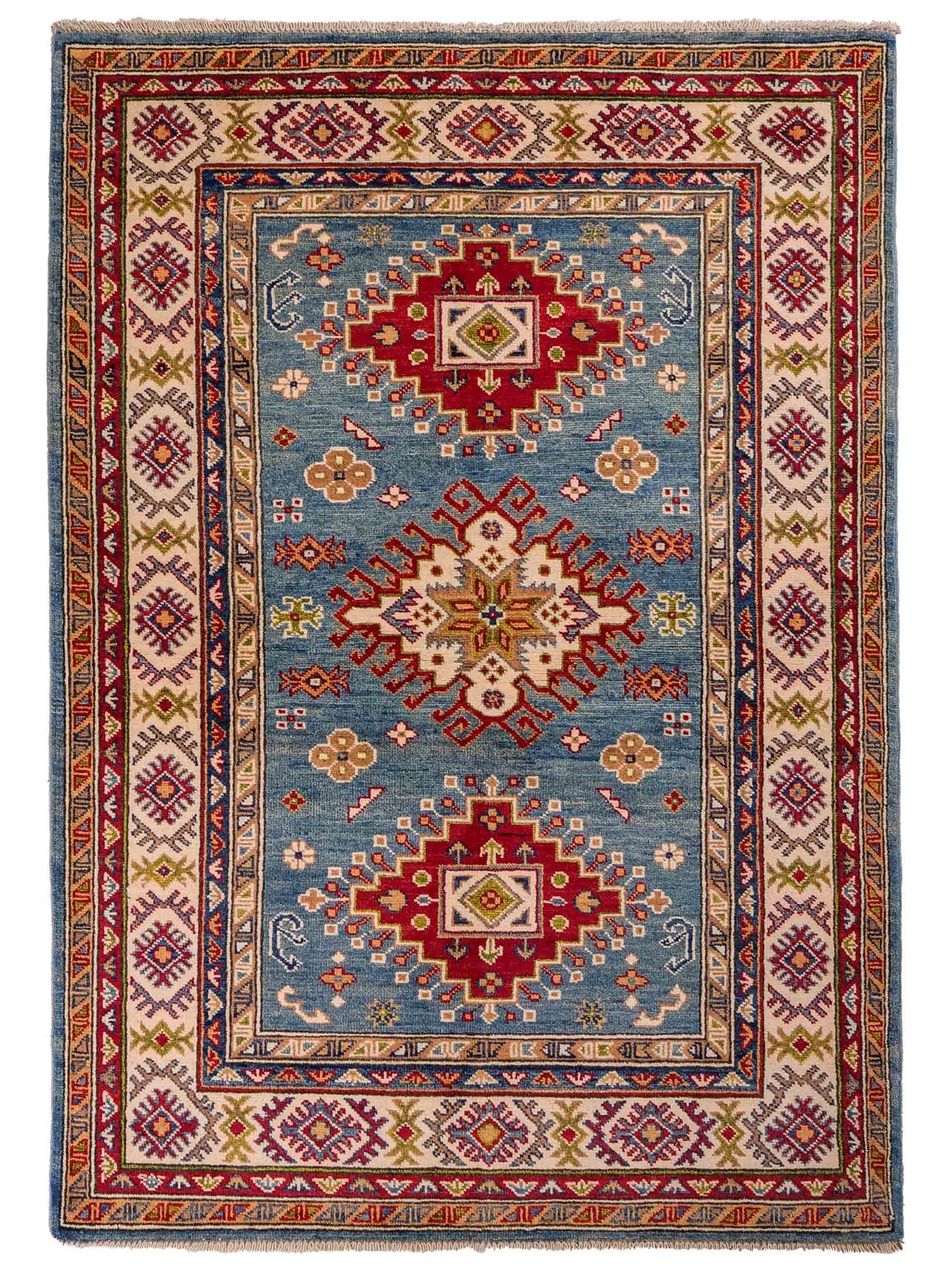 Feiner, handgeknüpfter Ziegler Kazak Chobi Orientteppich aus reiner Wolle mit geometrischem Medaillon-Muster von Khademi. Größe: 170 x 110 cm. Farbe: Blau, beige. RB3-B1817. Ursprung: Afghanistan. Verkauf durch JUPITER Intl.