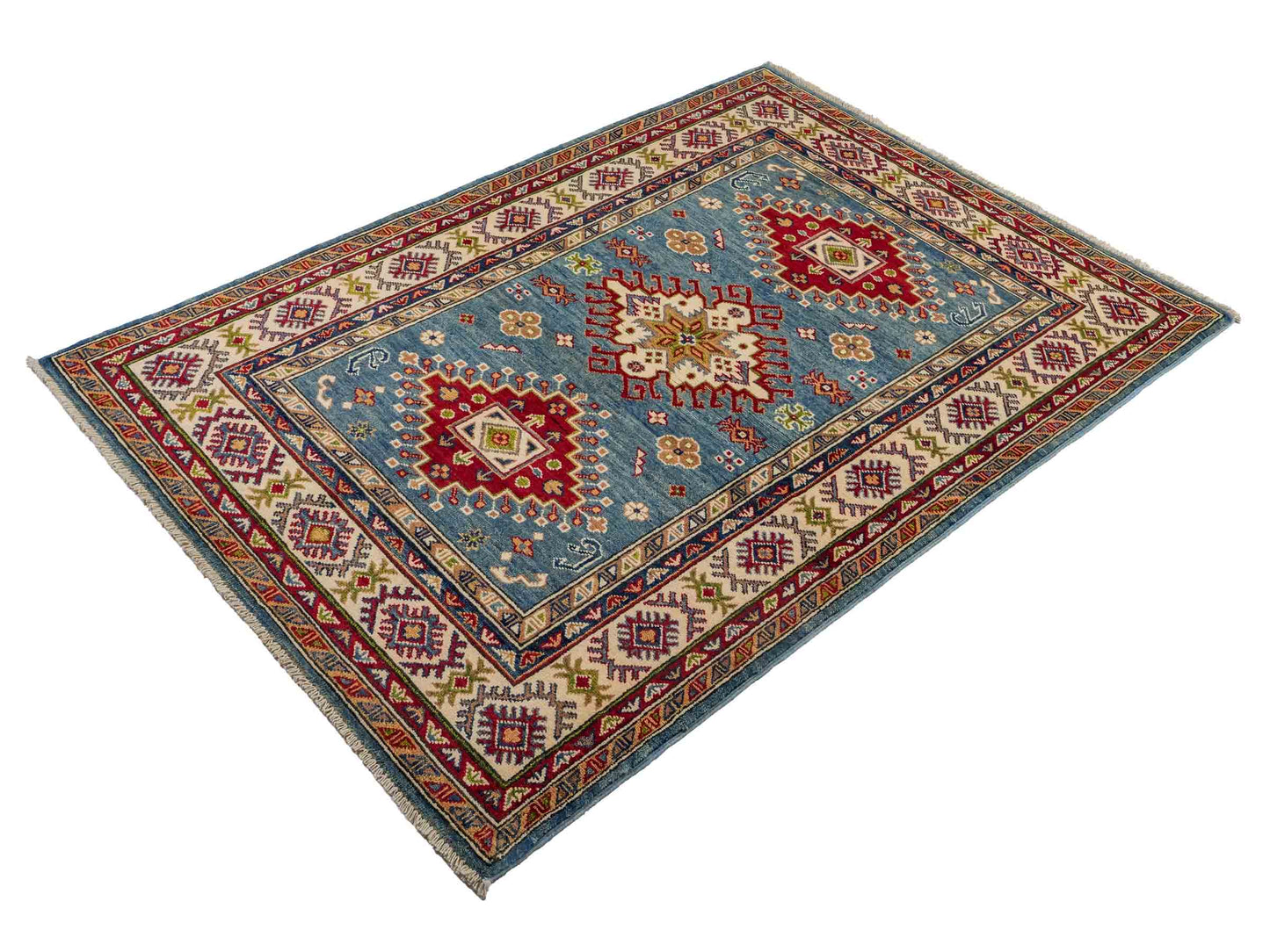 Feiner, handgeknüpfter Ziegler Kazak Chobi Orientteppich aus reiner Wolle mit geometrischem Medaillon-Muster von Khademi. Größe: 170 x 110 cm. Farbe: Blau, beige. RB3-B1817. Ursprung: Afghanistan. Verkauf durch JUPITER Intl.