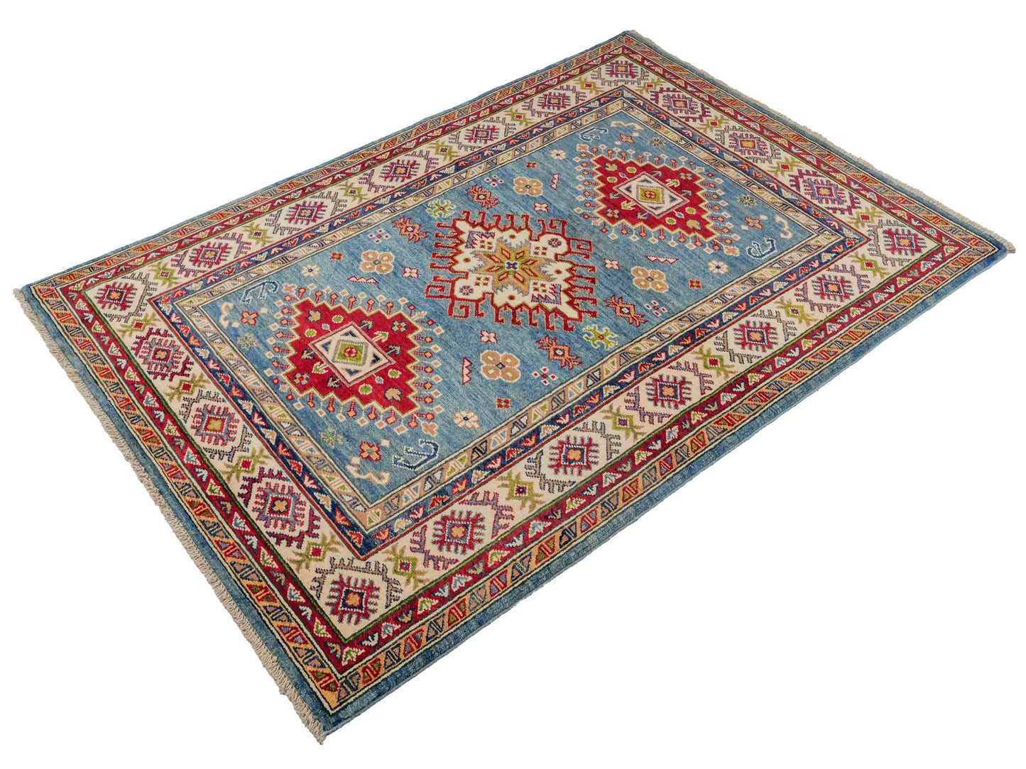 Feiner, handgeknüpfter Ziegler Kazak Chobi Orientteppich aus reiner Wolle mit geometrischem Medaillon-Muster von Khademi. Größe: 170 x 110 cm. Farbe: Blau, beige. RB3-B1817. Ursprung: Afghanistan. Verkauf durch JUPITER Intl.