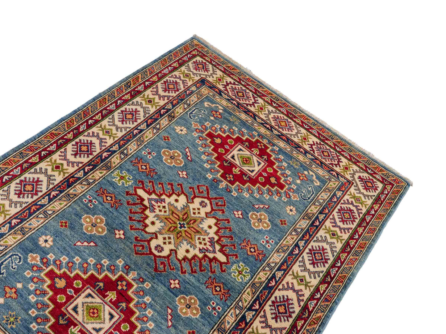 Feiner, handgeknüpfter Ziegler Kazak Chobi Orientteppich aus reiner Wolle mit geometrischem Medaillon-Muster von Khademi. Größe: 170 x 110 cm. Farbe: Blau, beige. RB3-B1817. Ursprung: Afghanistan. Verkauf durch JUPITER Intl.
