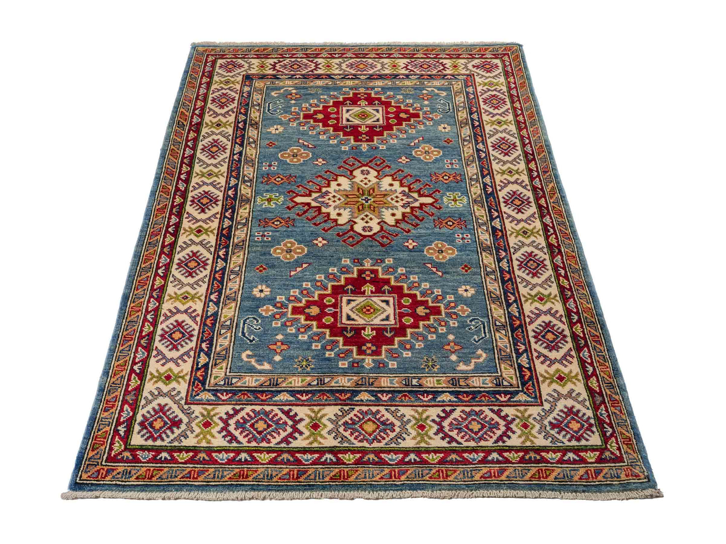Feiner, handgeknüpfter Ziegler Kazak Chobi Orientteppich aus reiner Wolle mit geometrischem Medaillon-Muster von Khademi. Größe: 170 x 110 cm. Farbe: Blau, beige. RB3-B1817. Ursprung: Afghanistan. Verkauf durch JUPITER Intl.