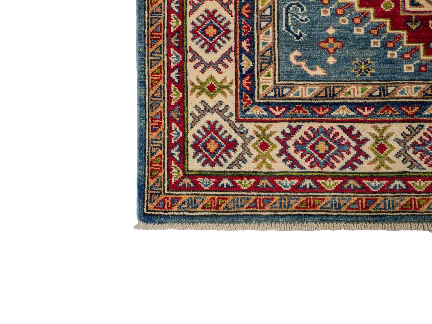 Feiner, handgeknüpfter Ziegler Kazak Chobi Orientteppich aus reiner Wolle mit geometrischem Medaillon-Muster von Khademi. Größe: 170 x 110 cm. Farbe: Blau, beige. RB3-B1817. Ursprung: Afghanistan. Verkauf durch JUPITER Intl.