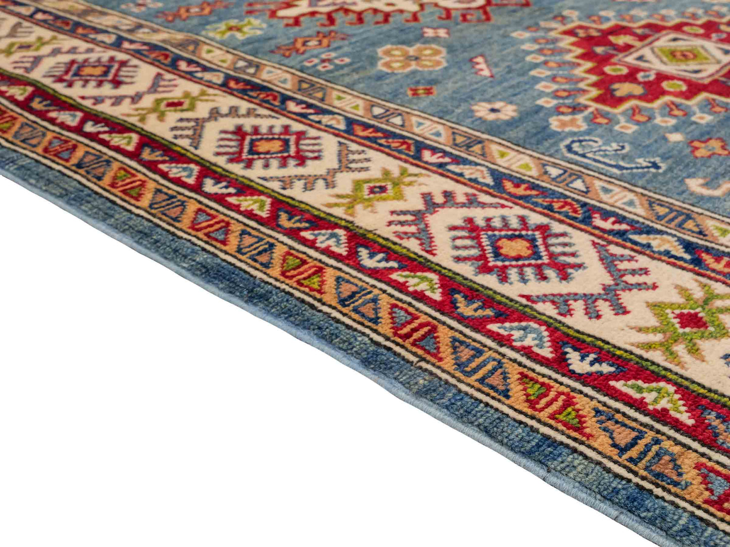 Feiner, handgeknüpfter Ziegler Kazak Chobi Orientteppich aus reiner Wolle mit geometrischem Medaillon-Muster von Khademi. Größe: 170 x 110 cm. Farbe: Blau, beige. RB3-B1817. Ursprung: Afghanistan. Verkauf durch JUPITER Intl.