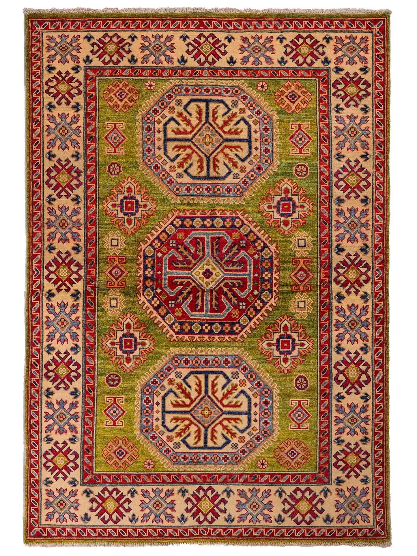 Feiner, handgeknüpfter Ziegler Kazak Chobi Orientteppich aus reiner Wolle mit geometrischem Medaillon-Muster von Khademi. Größe: 174 x 120 cm. Farbe: Grün. RB3-B1814. Ursprung: Afghanistan. Verkauf durch JUPITER Intl.