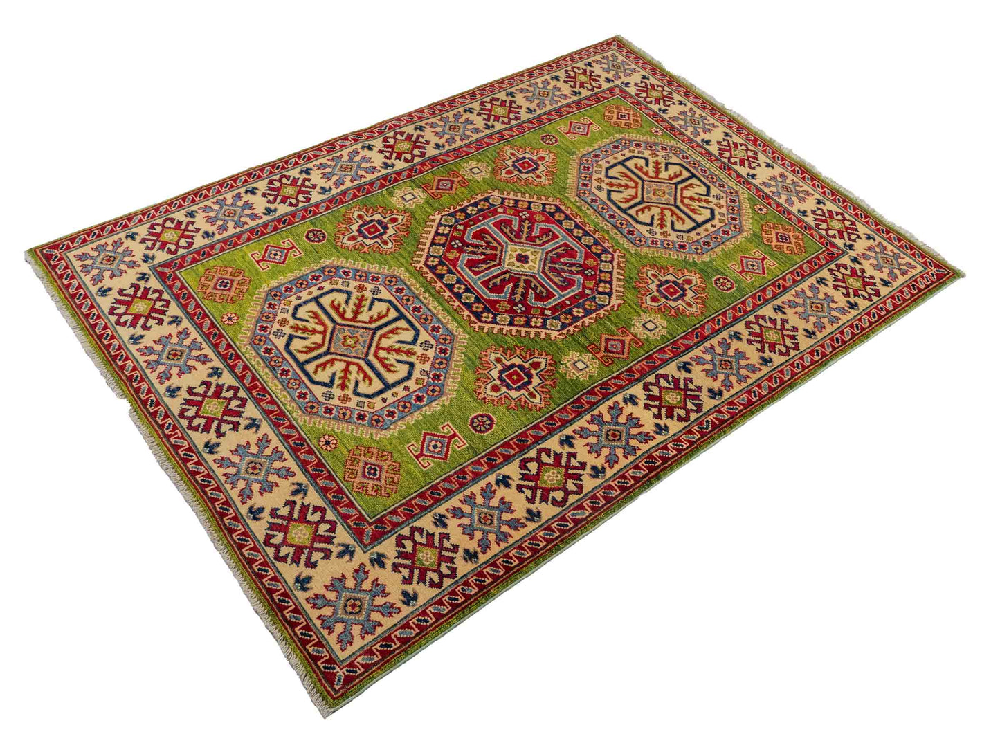 Feiner, handgeknüpfter Ziegler Kazak Chobi Orientteppich aus reiner Wolle mit geometrischem Medaillon-Muster von Khademi. Größe: 174 x 120 cm. Farbe: Grün. RB3-B1814. Ursprung: Afghanistan. Verkauf durch JUPITER Intl.