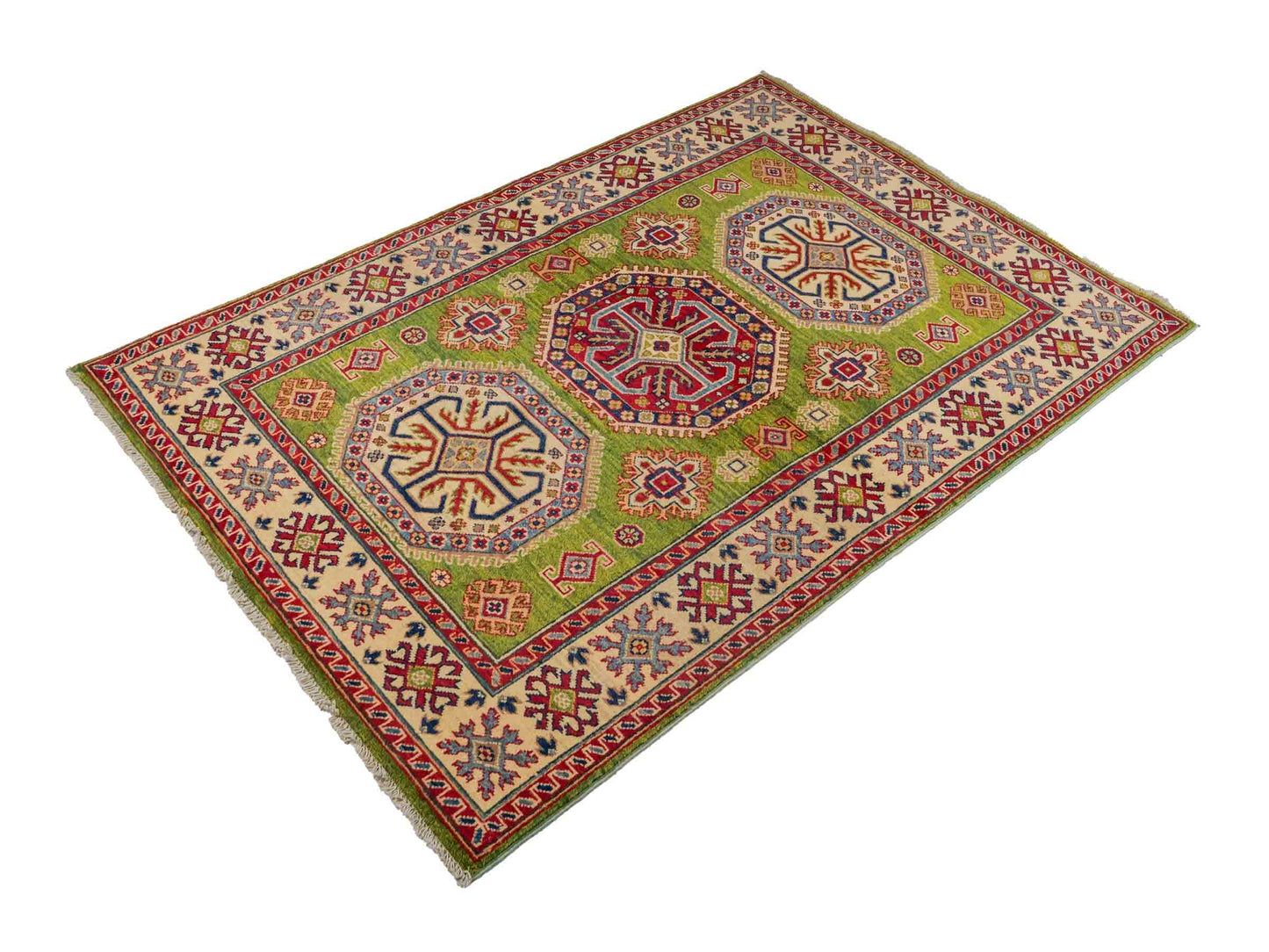 Feiner, handgeknüpfter Ziegler Kazak Chobi Orientteppich aus reiner Wolle mit geometrischem Medaillon-Muster von Khademi. Größe: 174 x 120 cm. Farbe: Grün. RB3-B1814. Ursprung: Afghanistan. Verkauf durch JUPITER Intl.