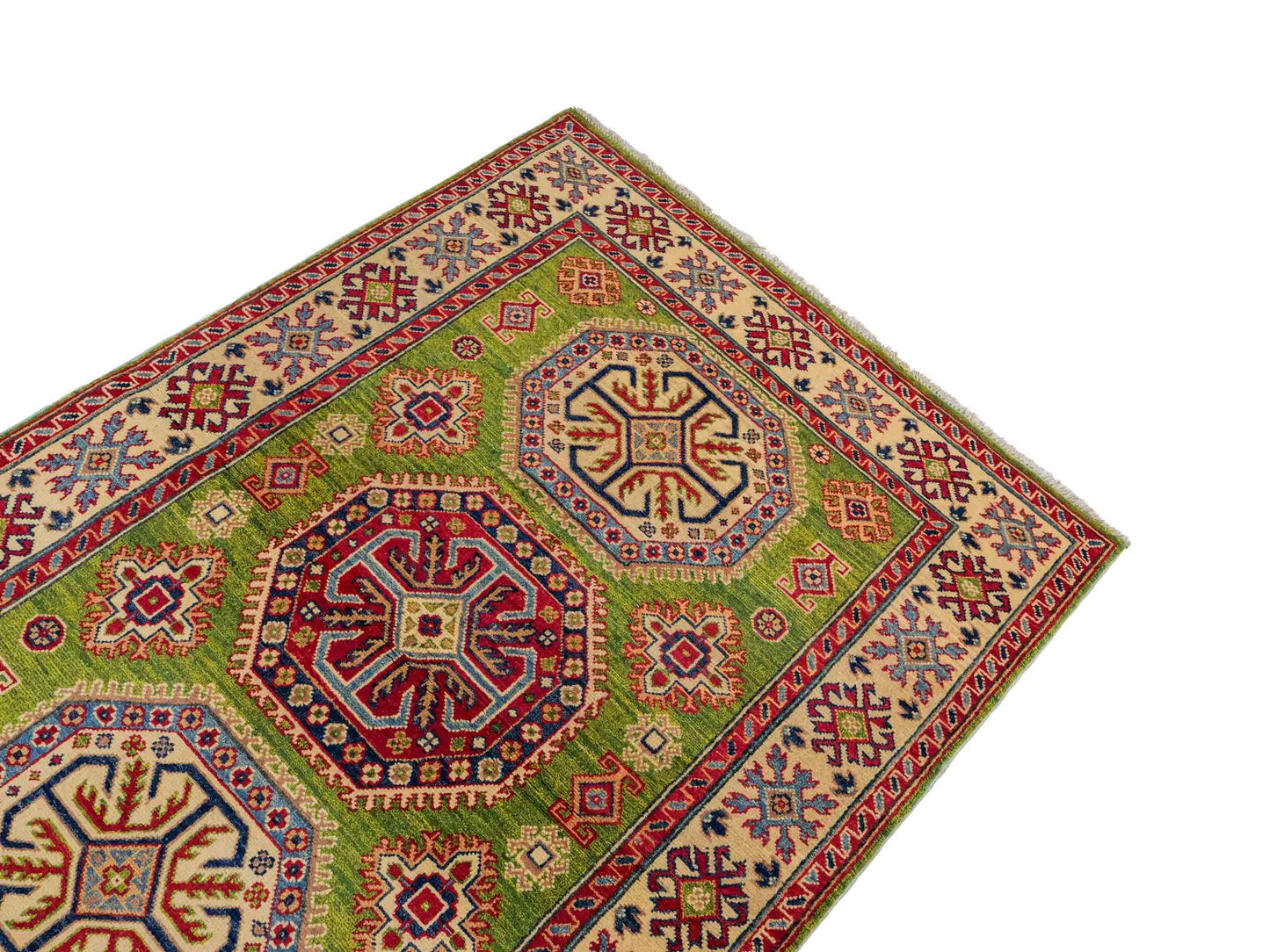 Feiner, handgeknüpfter Ziegler Kazak Chobi Orientteppich aus reiner Wolle mit geometrischem Medaillon-Muster von Khademi. Größe: 174 x 120 cm. Farbe: Grün. RB3-B1814. Ursprung: Afghanistan. Verkauf durch JUPITER Intl.