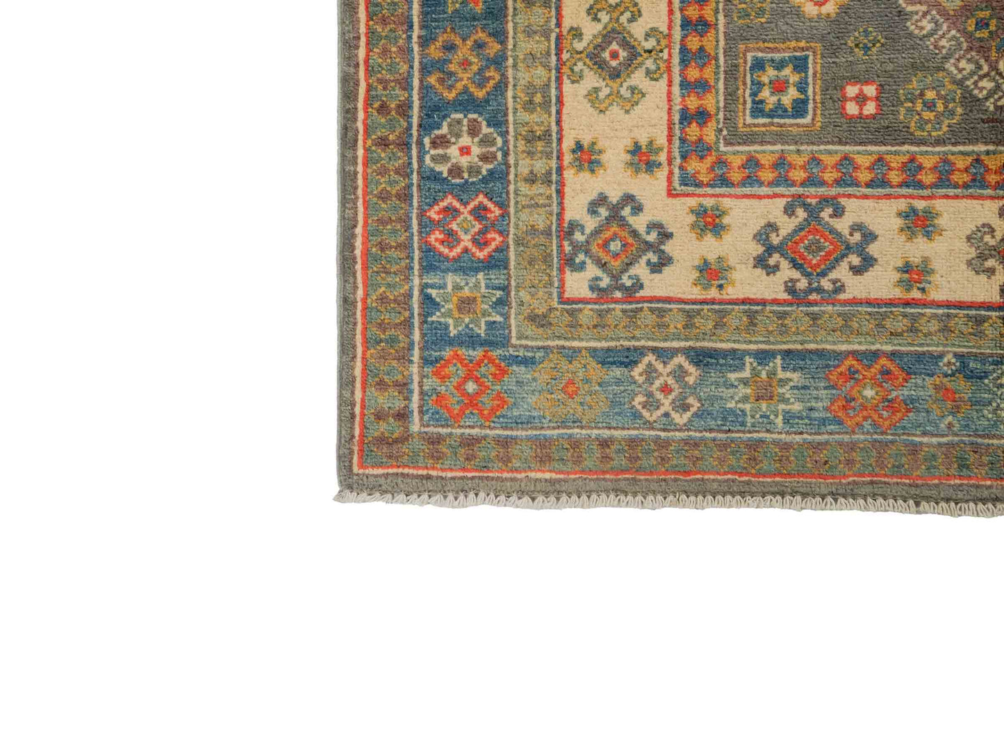 Feiner, handgeknüpfter Ziegler Kazak Chobi Orientteppich aus reiner Wolle mit geometrischem Medaillon-Muster von Khademi. Größe: 175 x 117 cm. Farbe: Beige, grau, blau. RB3-B456. Ursprung: Afghanistan. Verkauf durch JUPITER Intl.