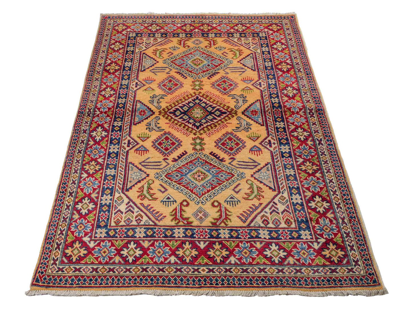 Feiner, handgeknüpfter Ziegler Kazak Chobi Orientteppich aus reiner Wolle mit geometrischem Medaillon-Muster von Khademi. Größe: 178 x 122 cm. Farbe: Gelb, gold, beige. RB3-B2675. Ursprung: Afghanistan. Verkauf durch JUPITER Intl.
