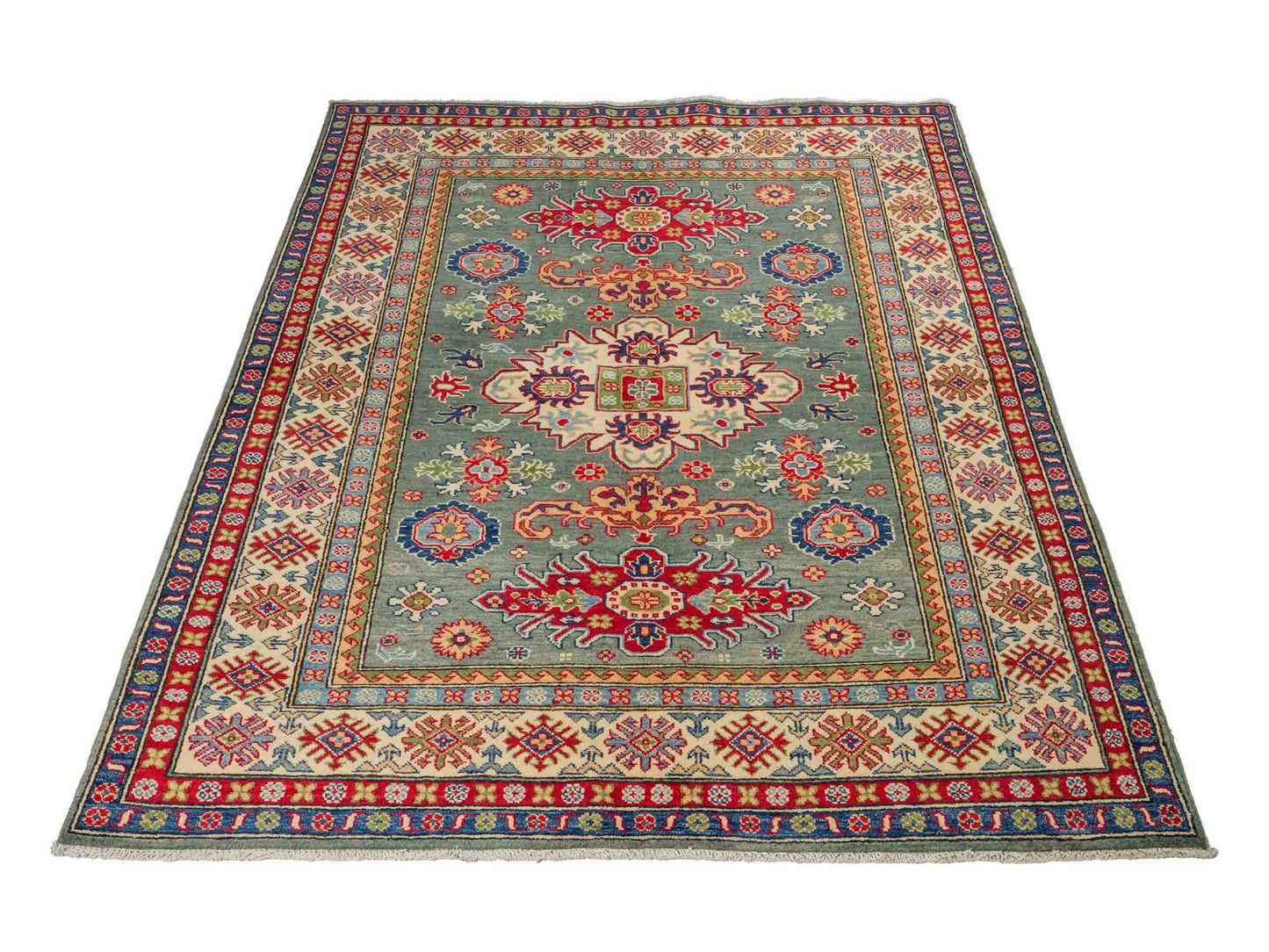 Feiner, handgeknüpfter Ziegler Kazak Chobi Orientteppich aus reiner Wolle mit geometrischem Medaillon-Muster von Khademi. Größe: 186 x 148 cm. Farbe: Grün, beige. RB3-B480. Ursprung: Afghanistan. Verkauf durch JUPITER Intl.