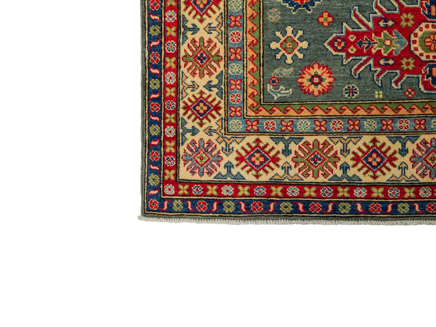 Feiner, handgeknüpfter Ziegler Kazak Chobi Orientteppich aus reiner Wolle mit geometrischem Medaillon-Muster von Khademi. Größe: 186 x 148 cm. Farbe: Grün, beige. RB3-B480. Ursprung: Afghanistan. Verkauf durch JUPITER Intl.