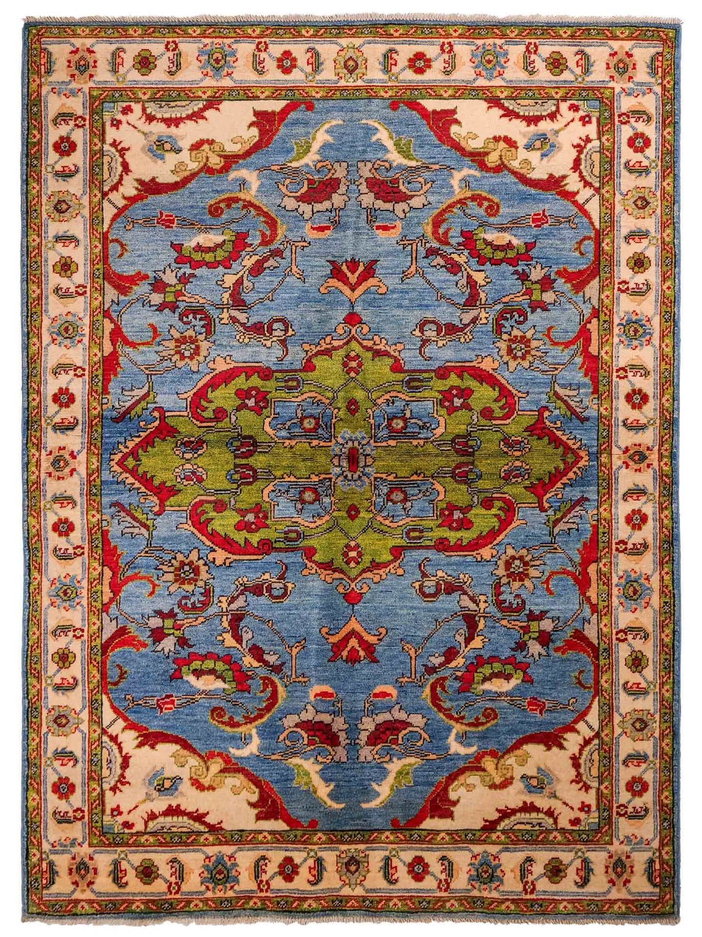 Feiner, handgeknüpfter Ziegler Kazak Chobi Orientteppich aus reiner Wolle mit geometrischem Medaillon-Muster von Khademi. Größe: 189 x 145 cm. Farbe: Blau. RB3-B2725. Ursprung: Afghanistan. Verkauf durch JUPITER Intl.