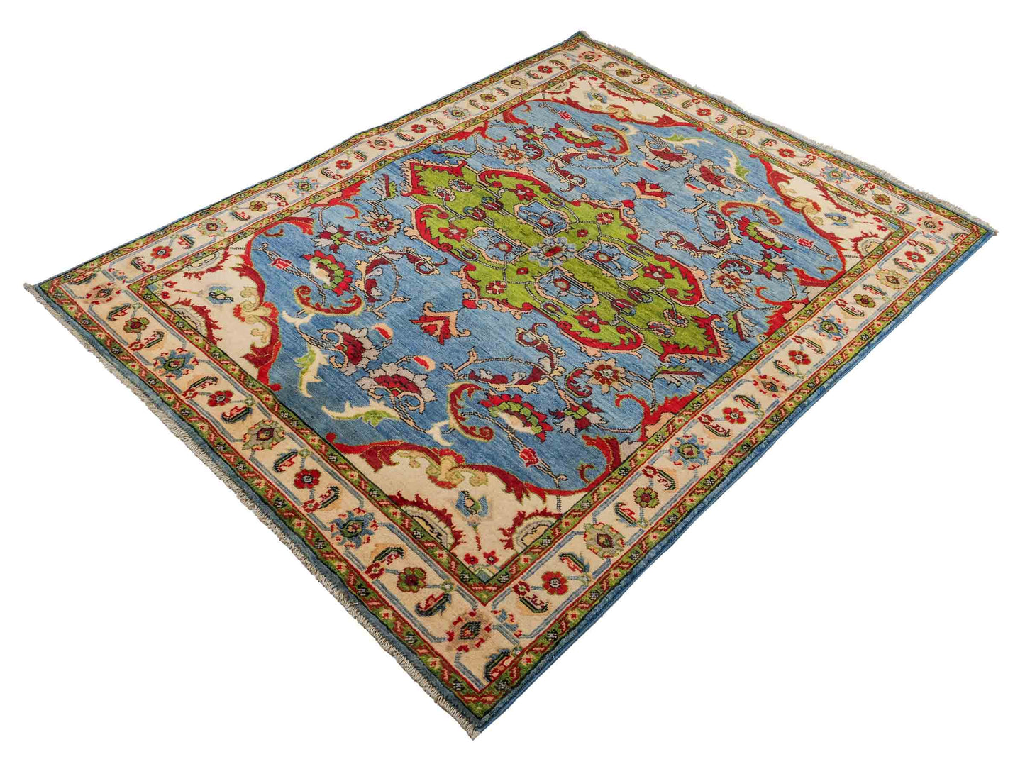 Feiner, handgeknüpfter Ziegler Kazak Chobi Orientteppich aus reiner Wolle mit geometrischem Medaillon-Muster von Khademi. Größe: 189 x 145 cm. Farbe: Blau. RB3-B2725. Ursprung: Afghanistan. Verkauf durch JUPITER Intl.