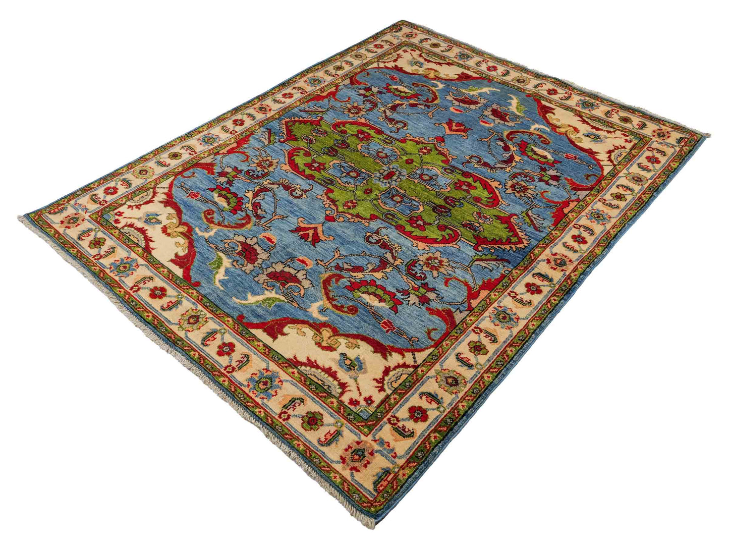 Feiner, handgeknüpfter Ziegler Kazak Chobi Orientteppich aus reiner Wolle mit geometrischem Medaillon-Muster von Khademi. Größe: 189 x 145 cm. Farbe: Blau. RB3-B2725. Ursprung: Afghanistan. Verkauf durch JUPITER Intl.