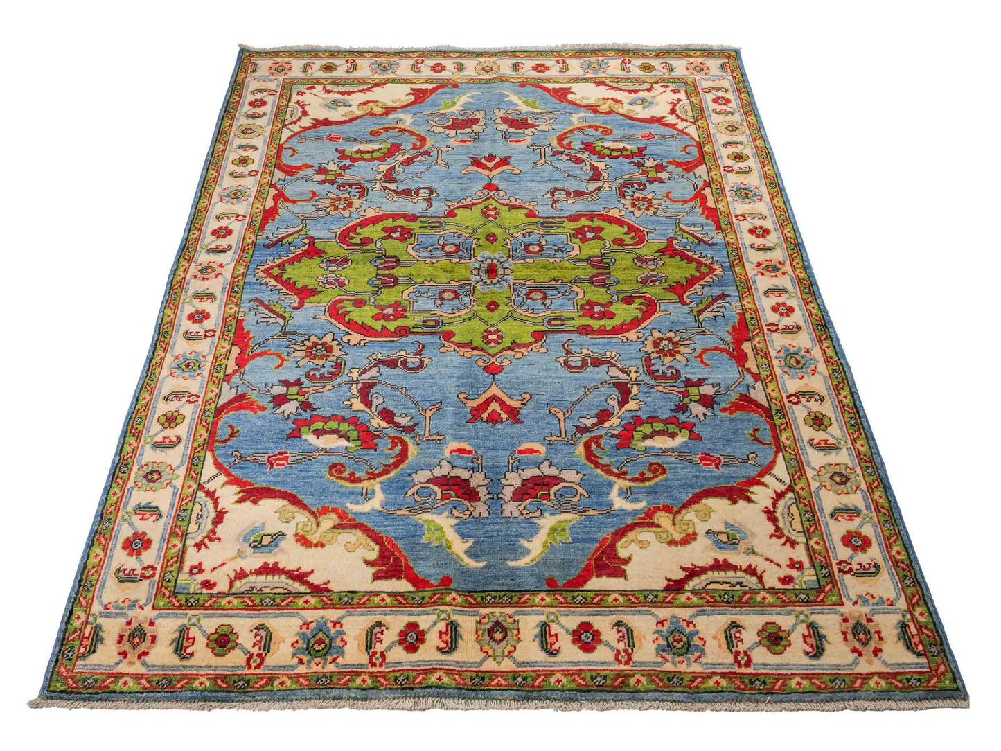 Feiner, handgeknüpfter Ziegler Kazak Chobi Orientteppich aus reiner Wolle mit geometrischem Medaillon-Muster von Khademi. Größe: 189 x 145 cm. Farbe: Blau. RB3-B2725. Ursprung: Afghanistan. Verkauf durch JUPITER Intl.