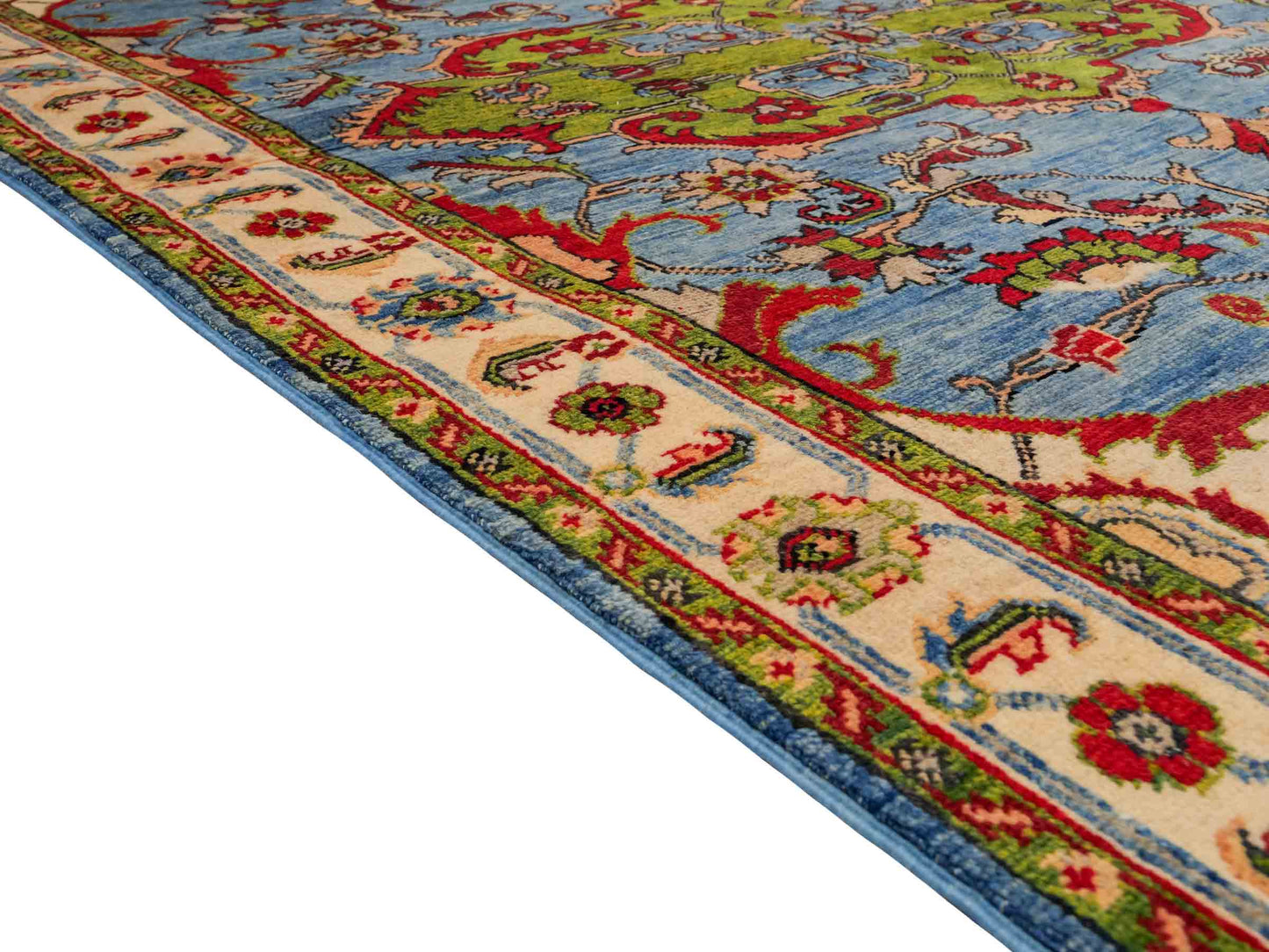Feiner, handgeknüpfter Ziegler Kazak Chobi Orientteppich aus reiner Wolle mit geometrischem Medaillon-Muster von Khademi. Größe: 189 x 145 cm. Farbe: Blau. RB3-B2725. Ursprung: Afghanistan. Verkauf durch JUPITER Intl.