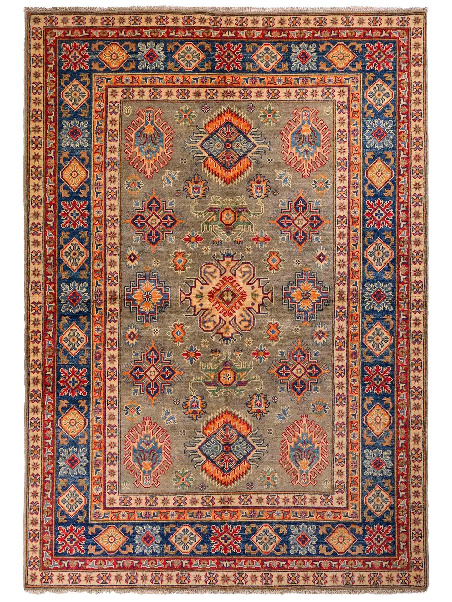 Feiner, handgeknüpfter Ziegler Kazak Chobi Orientteppich aus reiner Wolle mit geometrischem Allover-Muster von Khademi. Größe: 205 x 144 cm. Farbe: Grün. RB3-B1810. Ursprung: Afghanistan. Verkauf durch JUPITER Intl.