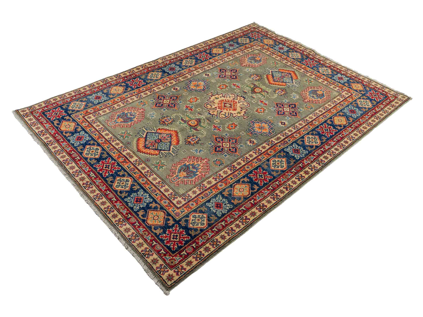Feiner, handgeknüpfter Ziegler Kazak Chobi Orientteppich aus reiner Wolle mit geometrischem Allover-Muster von Khademi. Größe: 205 x 144 cm. Farbe: Grün. RB3-B1810. Ursprung: Afghanistan. Verkauf durch JUPITER Intl.