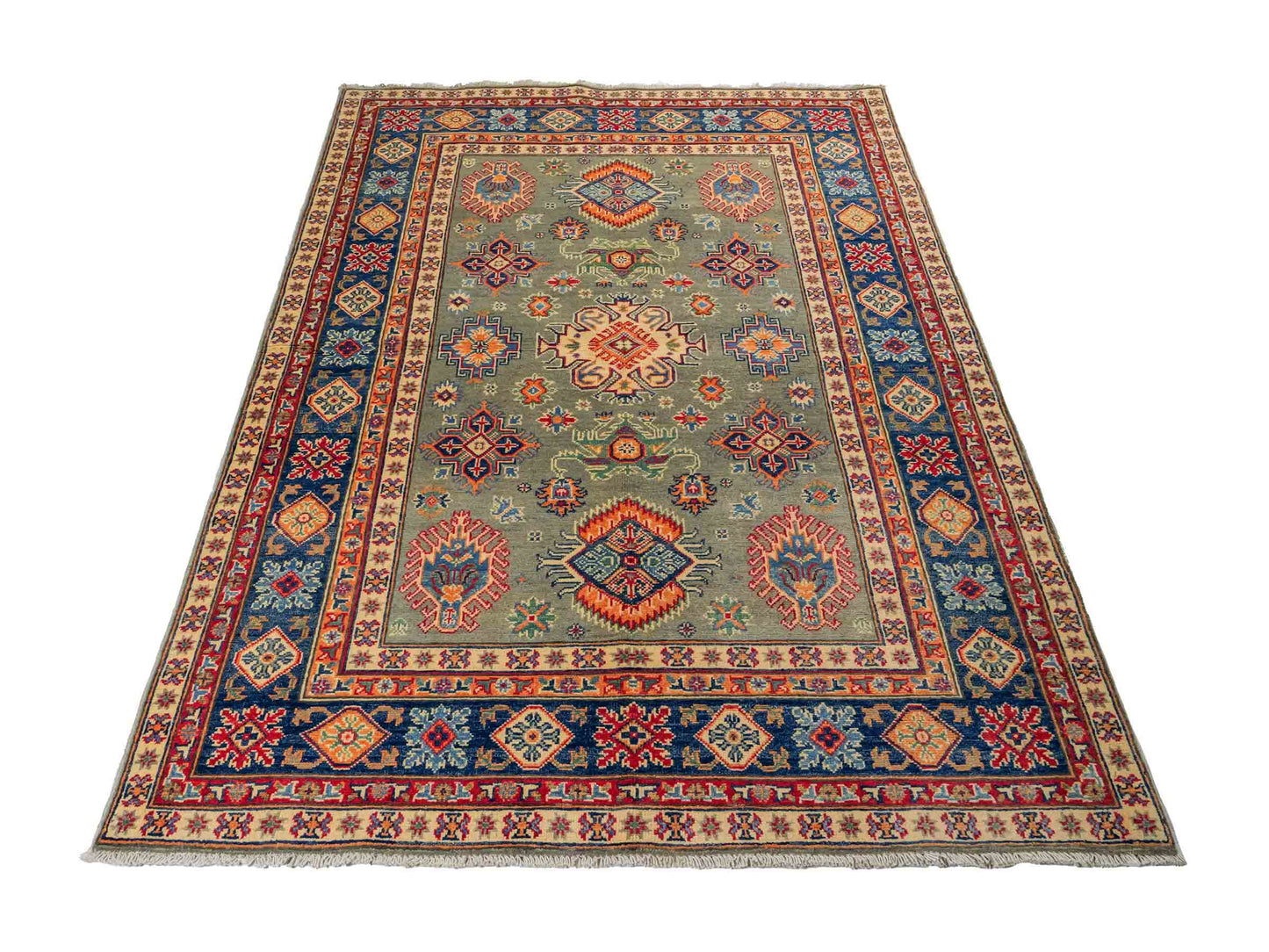 Feiner, handgeknüpfter Ziegler Kazak Chobi Orientteppich aus reiner Wolle mit geometrischem Allover-Muster von Khademi. Größe: 205 x 144 cm. Farbe: Grün. RB3-B1810. Ursprung: Afghanistan. Verkauf durch JUPITER Intl.