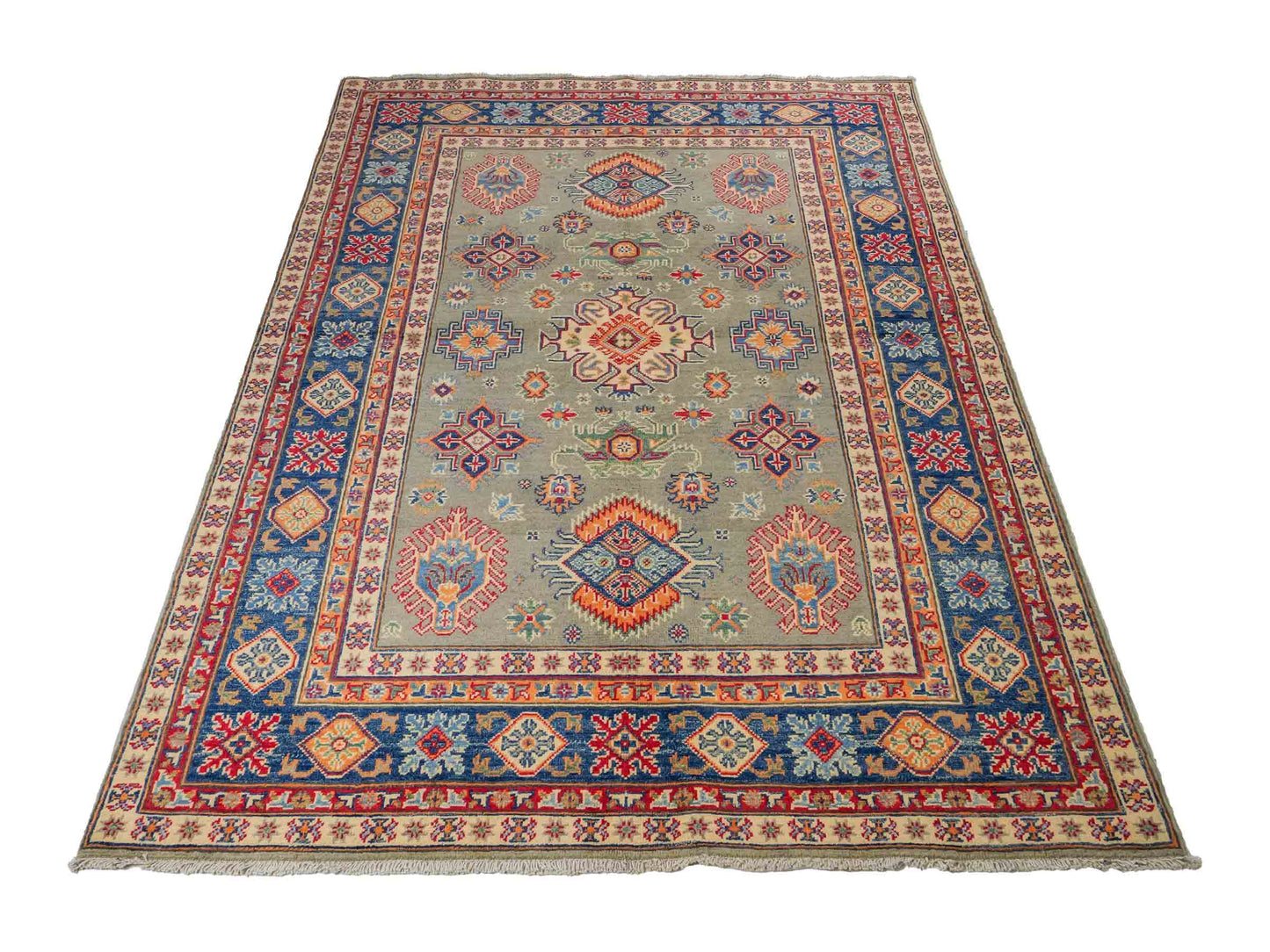 Feiner, handgeknüpfter Ziegler Kazak Chobi Orientteppich aus reiner Wolle mit geometrischem Allover-Muster von Khademi. Größe: 205 x 144 cm. Farbe: Grün. RB3-B1810. Ursprung: Afghanistan. Verkauf durch JUPITER Intl.