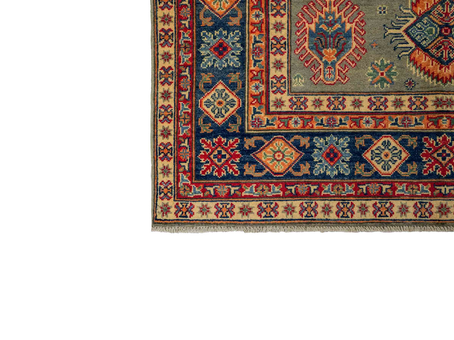 Feiner, handgeknüpfter Ziegler Kazak Chobi Orientteppich aus reiner Wolle mit geometrischem Allover-Muster von Khademi. Größe: 205 x 144 cm. Farbe: Grün. RB3-B1810. Ursprung: Afghanistan. Verkauf durch JUPITER Intl.