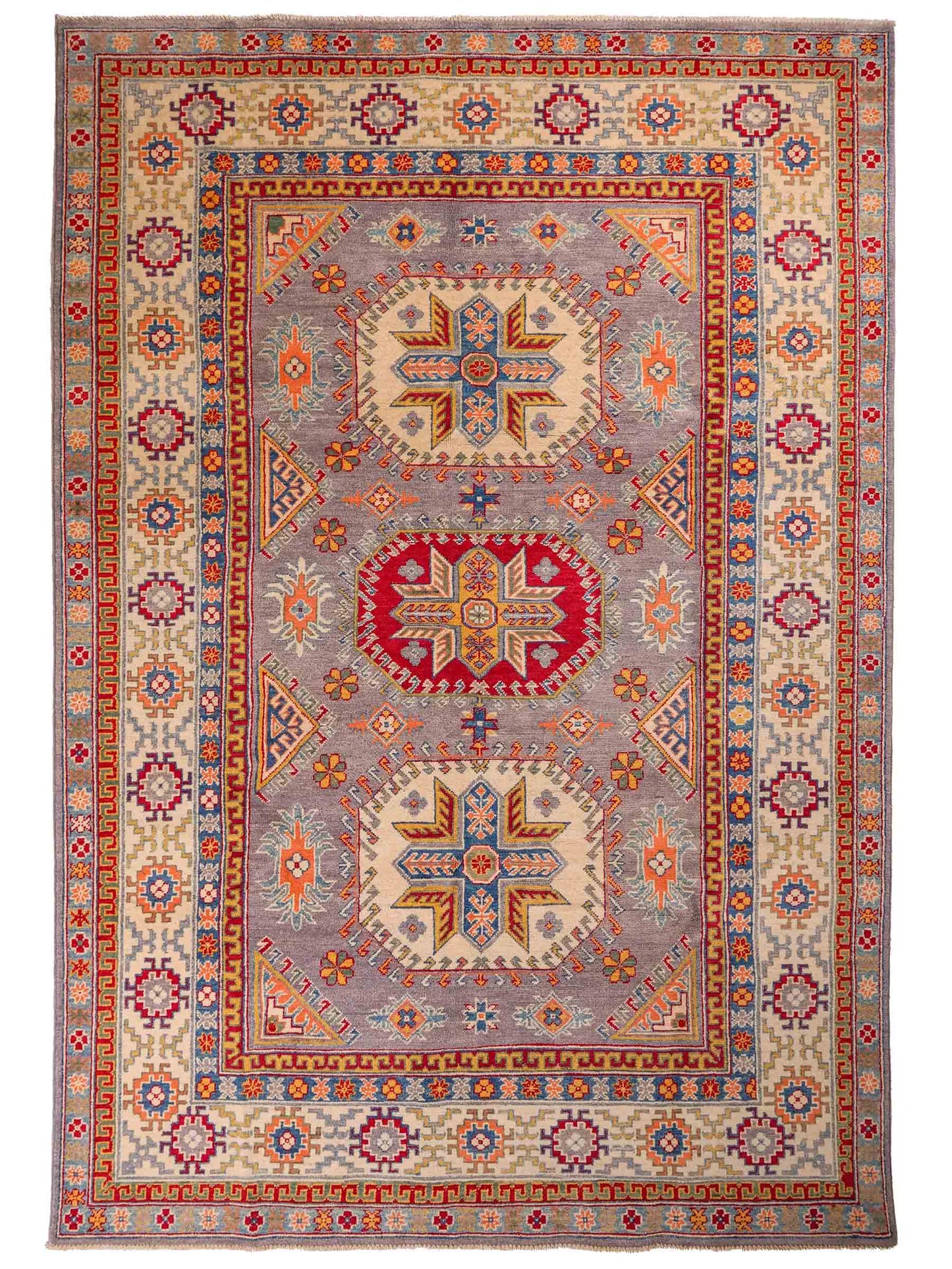 Feiner, handgeknüpfter Ziegler Kazak Chobi Orientteppich aus reiner Wolle mit geometrischem Medaillon-Muster von Khademi. Größe: 271 x 181 cm. Farbe: Grau. RB3-B508. Ursprung: Afghanistan. Verkauf durch JUPITER Intl.
