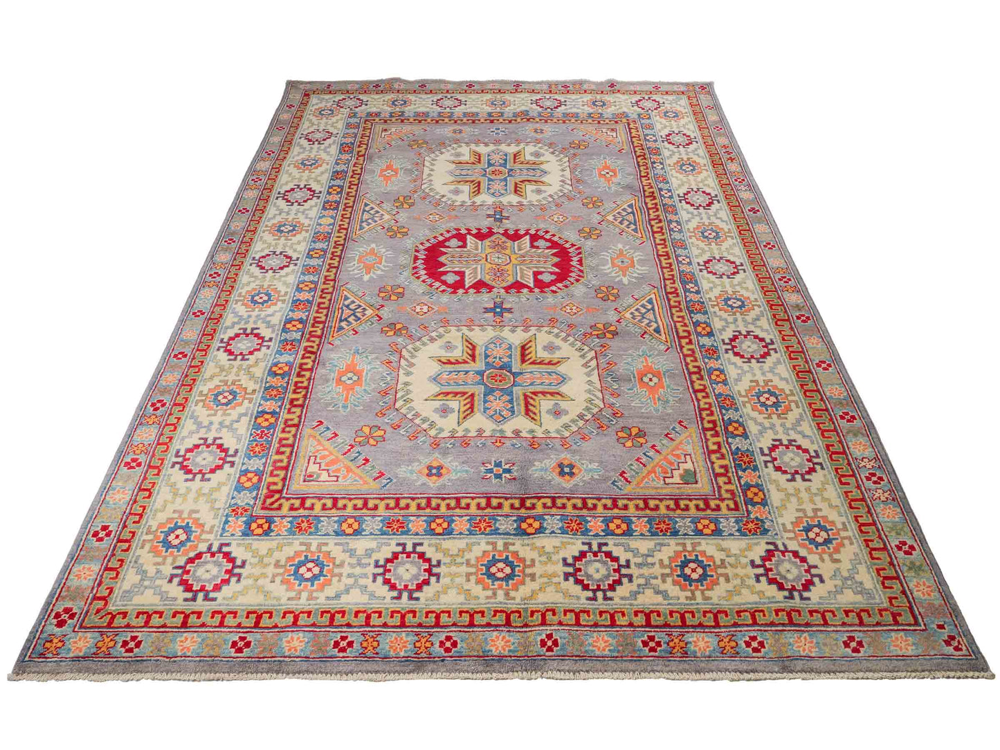 Feiner, handgeknüpfter Ziegler Kazak Chobi Orientteppich aus reiner Wolle mit geometrischem Medaillon-Muster von Khademi. Größe: 271 x 181 cm. Farbe: Grau. RB3-B508. Ursprung: Afghanistan. Verkauf durch JUPITER Intl.