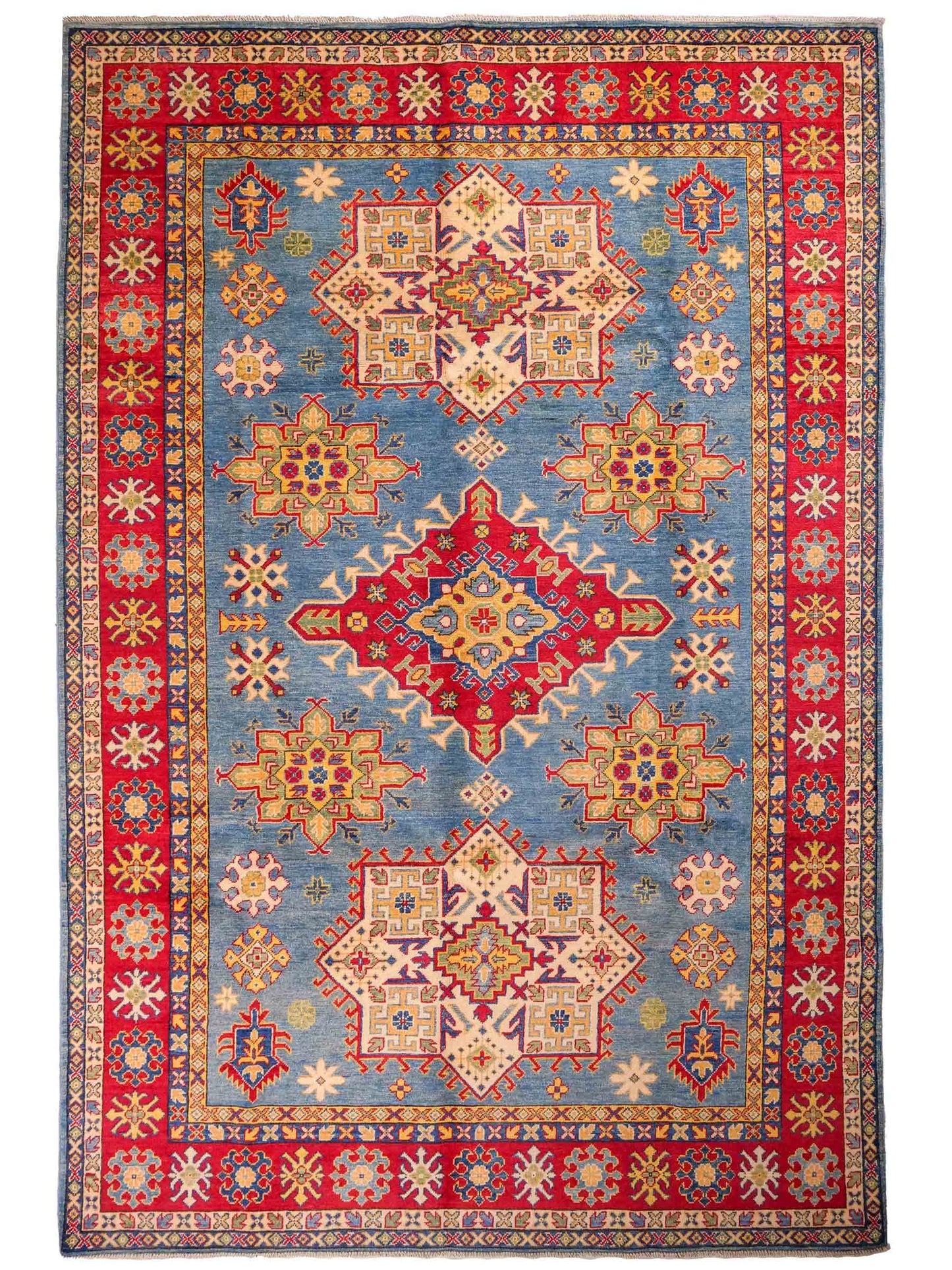 Feiner, handgeknüpfter Ziegler Kazak Chobi Orientteppich aus reiner Wolle mit geometrischem Medaillon-Muster von Khademi. Größe: 292 x 196 cm. Farbe: Blau, rot. RB3-B281. Ursprung: Afghanistan. Verkauf durch JUPITER Intl.